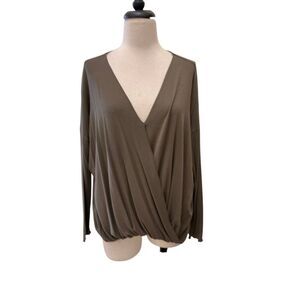 Double Zero Women's Faux Wrap Pleated Hem Long Sleeve Blouse Green Small